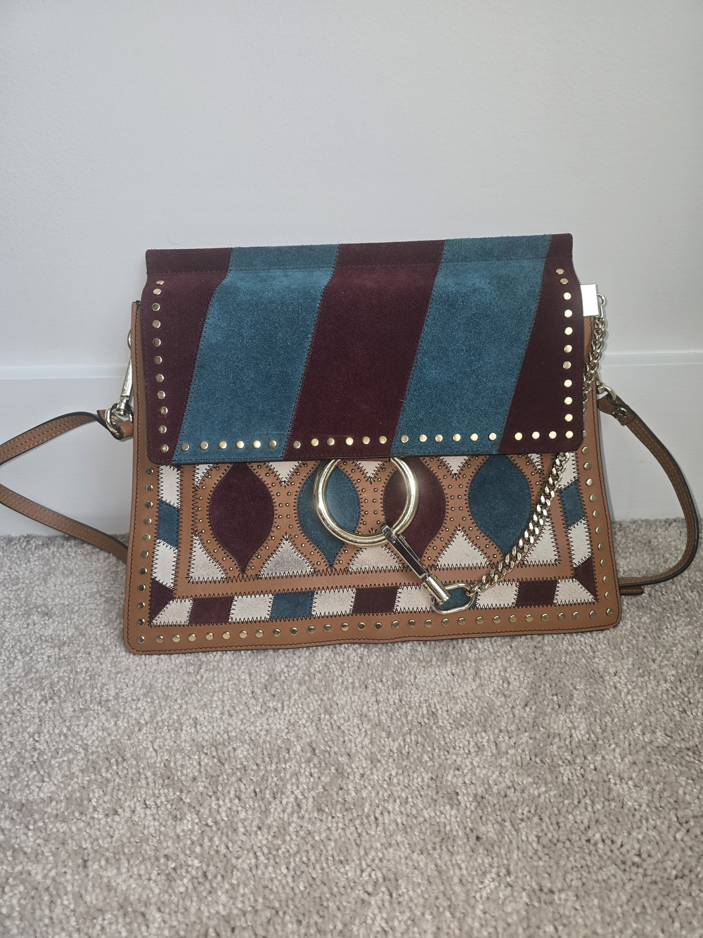 Chloe Patchwork Suede and Leather Crossbody in Teal, Burgundy and Tan - Picture 1 of 6